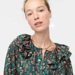 J Crew Collection Mushroom Print Ruffle Collar 100% Silk Twill Shirt (Size XS)
